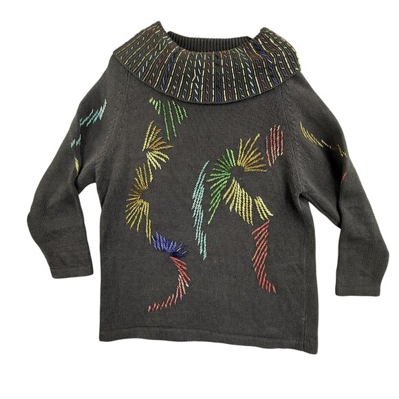 Chelsea Way Sweaters - Chelsea Way Sweater Women Medium Black Embroidered Cowl Neck Pullover Tribal Art